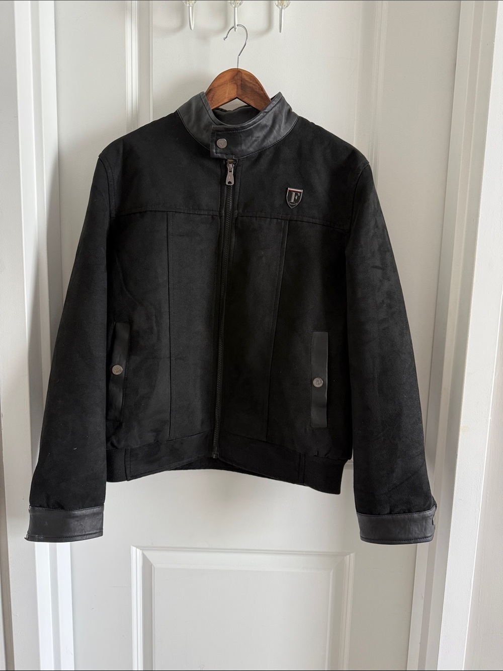 Black Bomber Jacket with Leather Trim - Women
